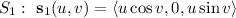 S_1:~\mathbf s_1(u,v)=\langle u\cos v,0,u\sin v\rangle