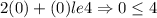 2(0) + (0) le 4\Rightarrow 0\le 4