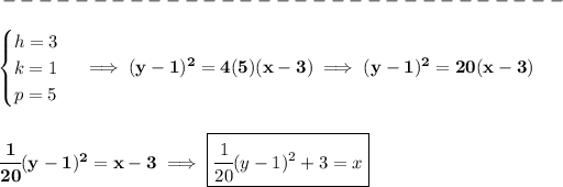 \bf -------------------------------\\\\ \begin{cases} h=3\\ k=1\\ p=5 \end{cases}\implies (y-1)^2=4(5)(x-3)\implies (y-1)^2=20(x-3) \\\\\\ \cfrac{1}{20}(y-1)^2=x-3\implies \boxed{\cfrac{1}{20}(y-1)^2+3=x}