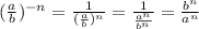 ((a)/(b))^(-n)=(1)/(((a)/(b))^n)=(1)/((a^n)/(b^n))=(b^n)/(a^n)