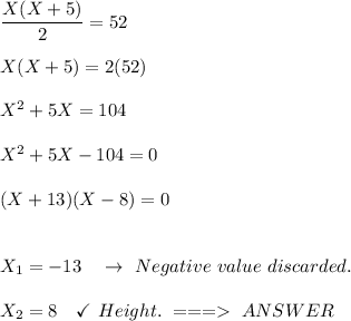 (X(X + 5))/(2)=52\\ \\X(X+5)=2(52)\\ \\X ^(2)+5X=104\\ \\X ^(2)+5X-104=0\\ \\(X+13)(X-8)=0\\ \\ \\X_(1)=-13\quad\to\ Negative\ value\ discarded.\\ \\X_(2)=8\quad\checkmark\ Height.\ ===>\ ANSWER