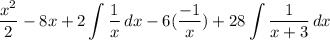 \displaystyle (x^2)/(2) - 8x + 2\int {(1)/(x)} \, dx - 6((-1)/(x)) + 28\int {(1)/(x + 3)} \, dx