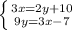 \left \{ {{3x = 2y + 10} \atop {9y = 3x-7}} \right.