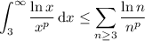 \displaystyle\int_3^\infty(\ln x)/(x^p)\,\mathrm dx\le\sum_(n\ge3)(\ln n)/(n^p)