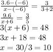 (3.6-(-6))/(x-(-6)) = (3)/(3+2) \\ (9.6)/(x+6) = (3)/(5) \\ 3(x+6) = 48 \\ 3x +18=48 \\ x=30/3=10