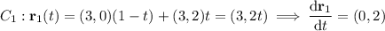 C_1:\mathbf r_1(t)=(3,0)(1-t)+(3,2)t=(3,2t)\implies(\mathrm d\mathbf r_1)/(\mathrm dt)=(0,2)