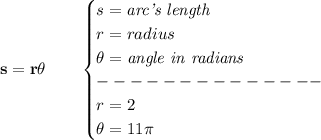 \bf s=r\theta\qquad \begin{cases} s=\textit{arc's length}\\ r=radius\\ \theta=\textit{angle in radians}\\ --------------\\ r=2\\ \theta=11\pi \end{cases}