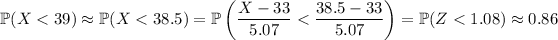 \mathbb P(X<39)\approx\mathbb P(X<38.5)=\mathbb P\left((X-33)/(5.07)<(38.5-33)/(5.07)\right)=\mathbb P(Z<1.08)\approx0.86