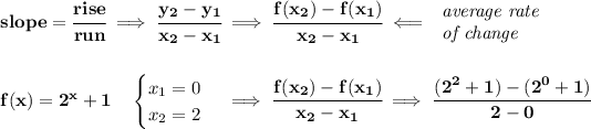 \bf slope = \cfrac{rise}{run} \implies \cfrac{{{ y_2}}-{{ y_1}}}{{{ x_2}}-{{ x_1}}}\implies \cfrac{f(x_2)-f(x_1)}{x_2-x_1}\impliedby \begin{array}{llll} \textit{average rate}\\ \textit{of change} \end{array} \\\\\\ f(x)=2^(x)+1\quad \begin{cases} x_1=0\\ x_2=2 \end{cases}\implies \cfrac{f(x_2)-f(x_1)}{x_2-x_1}\implies \cfrac{(2^(2)+1)-(2^(0)+1)}{2-0}