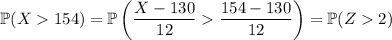 \mathbb P(X>154)=\mathbb P\left((X-130)/(12)>(154-130)/(12)\right)=\mathbb P(Z>2)