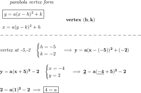 \bf \qquad \textit{parabola vertex form}\\\\ \begin{array}{llll} \boxed{y=a(x-{{ h}})^2+{{ k}}}\\\\ x=a(y-{{ k}})^2+{{ h}} \end{array} \qquad\qquad vertex\ ({{ h}},{{ k}})\\\\ -----------------------------\\\\ \textit{vertex at -5,-2}\quad \begin{cases} h=-5\\ k=-2\\ \end{cases}\implies y=a(x-(-5))^2+(-2) \\\\\\ y=a(x+5)^2-2\quad \begin{cases} x=-4\\ y=2 \end{cases}\implies \underline{2}=a(\underline{-4}+5)^2-2 \\\\\\ 2=a(1)^2-2\implies \boxed{4=a}