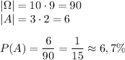 |\Omega|=10\cdot9=90\\ |A|=3\cdot2=6\\\\ P(A)=(6)/(90)=(1)/(15)\approx6,7\%