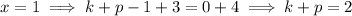 x=1\implies k+p-1+3=0+4\implies k+p=2