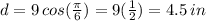 d = 9 \, cos( ( \pi )/(6) ) = 9( (1)/(2) ) = 4.5 \, in