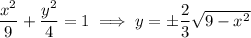 \frac{x^2}9+\frac{y^2}4=1\implies y=\pm\frac23√(9-x^2)