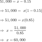 51,000=x-0.15*x\\\\\Rightarrow51,000=\ x(1-0.15)\\\\\Rightarrow51,000=x(0.85)\\\\\Rightarrow\ x=(51,000)/(0.85)\\\\\Rightarrow\ x=60,000