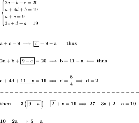 \bf \begin{cases} 2a + b + c = 20\\ a + 4d + b = 19\\ a + c = 9\\ 3c + d + a = 19 \end{cases}\\\\ -----------------------------\\\\ a+c=9\implies \boxed{c}=9-a\qquad thus \\\\\\ 2a+b+\boxed{9-a}=20\implies \underline{b}=11-a\impliedby thus \\\\\\ a+4d+\underline{11-a}=19\implies d=\cfrac{8}{4}\implies d=2\\\\ -----------------------------\\\\ then\qquad 3\left(\boxed{9-a } \right)+\boxed{2}+a=19\implies 27-3a+2+a=19 \\\\\\ 10=2a\implies 5=a