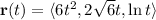 \mathbf r(t)=\langle6t^2,2\sqrt6 t,\ln t\rangle