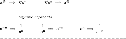 \bf a^{\frac{{ n}}{{ m}}} \implies \sqrt[{ m}]{a^( n)} \qquad \qquad \sqrt[{ m}]{a^( n)}\implies a^{\frac{{ n}}{{ m}}} \\\\\\ \left.\qquad \qquad \right.\textit{negative exponents}\\\\ a^{-{ n}} \implies \cfrac{1}{a^( n)} \qquad \qquad \cfrac{1}{a^( n)}\implies a^{-{ n}} \qquad \qquad a^{{{ n}}}\implies \cfrac{1}{a^{-{{ n}}}}\\\\ -------------------------------