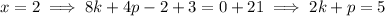 x=2\implies 8k+4p-2+3=0+21\implies 2k+p=5