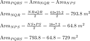 \text{Area}_(PQRS) = \text{Area}_(NQR)-\text{Area}_(NPS) \\ \\ \text{Area}_(NQR)= (NR*QR)/(2) = (63*25.2)/(2)= 793.8 \ m^2 \\ \\ \text{Area}_(NPS)= (NS*PS)/(2) = (18*7.2)/(2)= 64.8 \ m^2 \\ \\ \text{Area}_(PQRS) =793.8 - 64.8 = 729 \ m^2