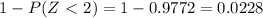 1-P(Z\ \textless \ 2)=1-0.9772=0.0228