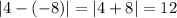 |4-(-8)|=|4+8|=12