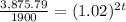 (3,875.79)/(1900)=(1.02)^(2t)