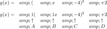 \bf \begin{array}{llllll} g(x)=&amp;(&amp;x&amp;-4)^2&amp;+2\\\\ g(x)=&amp;1(&amp;1x&amp;-4)^2&amp;+2\\ &amp;\uparrow &amp;\uparrow &amp;\uparrow &amp;\uparrow \\ &amp;A&amp;B&amp;C&amp;D \end{array}