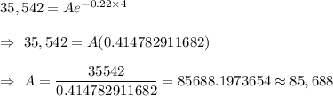 35,542=Ae^(-0.22*4)\\\\\Rightarrow\ 35,542=A(0.414782911682)\\\\\Rightarrow\ A=(35542)/(0.414782911682)=85688.1973654\approx85,688