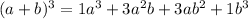 (a+b)^3=1a^3+3a^2b+3ab^2+1b^3