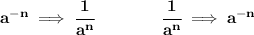 \bf a^{-{ n}} \implies \cfrac{1}{a^( n)}\qquad \qquad \cfrac{1}{a^( n)}\implies a^{-{ n}} \\ \quad \\ % negative exponential denominator a^{{ n}} \implies \cfrac{1}{a^(- n)} \qquad \qquad \cfrac{1}{a^(- n)}\implies \cfrac{1}{(1)/(a^( n))}\implies a^{{ n}} \\\\ -----------------------------\\\\ \cfrac{a^4b}{c^2d^3}\implies \cfrac{a^4}{1}\cdot \cfrac{b^1}{1}\cdot \cfrac{1}{c^2}\cdot \cfrac{1}{d^3}\implies a^4\cdot b^1\cdot c^(-2)\cdot d^(-3)\implies a^4bc^(-2)d^(-3)