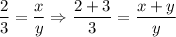 (2)/(3)=(x)/(y)\Rightarrow (2+3)/(3)=(x+y)/(y)