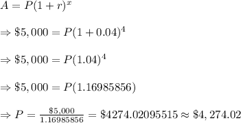 A=P(1+r)^x\\\\\Rightarrow\$5,000=P(1+0.04)^4\\\\\Rightarrow\$5,000=P(1.04)^4\\\\\Rightarrow\$5,000=P(1.16985856)\\\\\Rightarrow P=(\$5,000)/(1.16985856)=\$4274.02095515\approx\$4,274.02