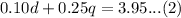 0.10d+0.25q=3.95...(2)