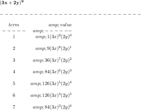 \bf (3x+2y)^9\\\\ -----------------------------\\\\ \begin{array}{crllll} term&amp;value\\ -----&amp;------\\ 1&amp;1(3x)^9(2y)^0\\\\ 2&amp;9(3x)^8(2y)^1\\\\ 3&amp;36(3x)^7(2y)^2\\\\ 4&amp;84(3x)^6(2y)^3\\\\ 5&amp;126(3x)^5(2y)^4\\\\ 6&amp;126(3x)^4(2y)^5\\\\ 7&amp;84(3x)^3(2y)^6 \end{array}