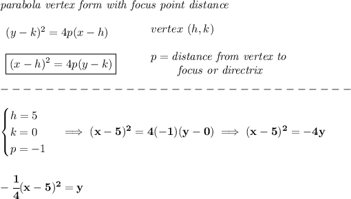 \bf \textit{parabola vertex form with focus point distance}\\\\ \begin{array}{llll} (y-{{ k}})^2=4{{ p}}(x-{{ h}}) \\\\ \boxed{(x-{{ h}})^2=4{{ p}}(y-{{ k}})} \end{array} \qquad \begin{array}{llll} vertex\ ({{ h}},{{ k}})\\\\ {{ p}}=\textit{distance from vertex to }\\ \qquad \textit{ focus or directrix} \end{array}\\\\ -------------------------------\\\\ \begin{cases} h=5\\ k=0\\ p=-1 \end{cases}\implies (x-5)^2=4(-1)(y-0)\implies (x-5)^2=-4y \\\\\\ -\cfrac{1}{4}(x-5)^2=y