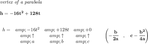 \bf \textit{vertex of a parabola}\\ \quad \\ h=-16t^2+128t\\\\\\ \begin{array}{lccclll} h=&amp;-16t^2&amp;+128t&amp;+0\\ &amp;\uparrow &amp;\uparrow &amp;\uparrow \\ &amp;a&amp;b&amp;c \end{array}\qquad \left(-\cfrac{{{ b}}}{2{{ a}}}\quad ,\quad {{ c}}-\cfrac{{{ b}}^2}{4{{ a}}}\right)