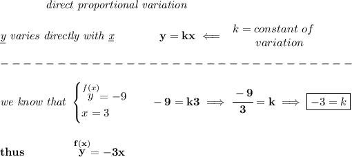 \bf \qquad \qquad \textit{direct proportional variation}\\\\ \textit{\underline{y} varies directly with \underline{x}}\qquad \qquad y=kx\impliedby \begin{array}{llll} k=constant\ of\\ \qquad variation \end{array}\\\\ -------------------------------\\\\ \textit{we know that } \begin{cases} \stackrel{f(x)}{y}=-9\\ x=3 \end{cases}\quad -9=k3\implies \cfrac{-9}{3}=k\implies \boxed{-3=k} \\\\\\ thus\qquad \qquad \stackrel{f(x)}{y}=-3x