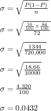 \sigma=\sqrt{(P(1-P))/(n)}\\\\ \sigma =\sqrt{((16)/(100) * (84)/(100))/(72)}\\\\ \sigma=\sqrt{(1344)/(720,000)}\\\\\sigma=\sqrt{(18.66)/(10000)}\\\\\sigma=(4.320)/(100)\\\\ \sigma=0.0432