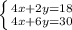 \left \{ {{4x+2y=18} \atop {4x+6y=30}} \right.