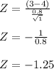 Z = ((3-4))/((0.8)/(√(1)))\\\\Z = -(1)/(0.8)\\\\Z = -1.25\\