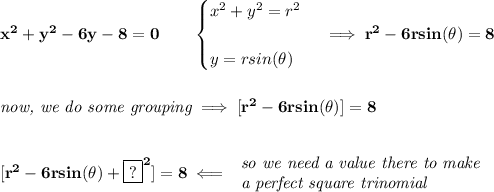 \bf x^2+y^2-6y-8=0\qquad \begin{cases} x^2+y^2=r^2\\\\ y=rsin(\theta) \end{cases}\implies r^2-6rsin(\theta)=8 \\\\\\ \textit{now, we do some grouping}\implies [r^2-6rsin(\theta)]=8 \\\\\\\ [r^2-6rsin(\theta)+\boxed{?}^2]=8\impliedby \begin{array}{llll} \textit{so we need a value there to make}\\ \textit{a perfect square trinomial} \end{array}