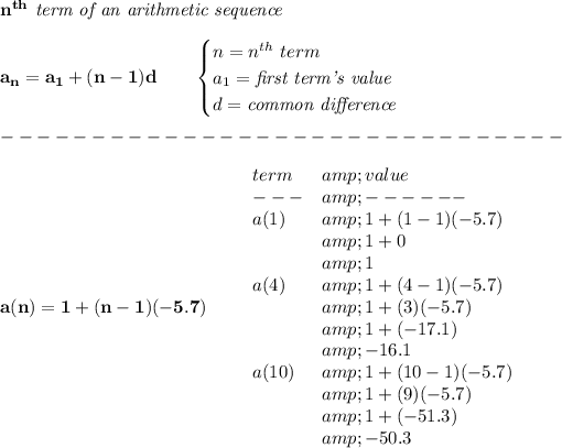 \bf n^(th)\textit{ term of an arithmetic sequence}\\\\ a_n=a_1+(n-1)d\qquad \begin{cases} n=n^(th)\ term\\ a_1=\textit{first term's value}\\ d=\textit{common difference} \end{cases}\\\\ -------------------------------\\\\ a(n)=1+(n-1)(-5.7)\qquad \begin{array}{llll} term&amp;value\\ ---&amp;------\\ a(1)&amp;1+(1-1)(-5.7)\\ &amp;1+0\\ &amp;1\\ a(4)&amp;1+(4-1)(-5.7)\\ &amp;1+(3)(-5.7)\\ &amp;1+(-17.1)\\ &amp;-16.1\\ a(10)&amp;1+(10-1)(-5.7)\\ &amp;1+(9)(-5.7)\\ &amp;1+(-51.3)\\ &amp;-50.3 \end{array}