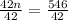 (42n)/(42) = (546)/(42)