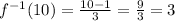 \[ f^(-1)(10) = (10 - 1)/(3) = (9)/(3) = 3 \]