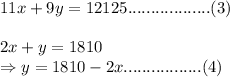 11x+9y=12125..................(3)\\\\2x+y=1810\\\Rightarrow y=1810-2x.................(4)