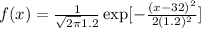 f(x)=(1)/(√(2\pi )1.2) \exp[-((x-32)^(2) )/(2(1.2)^2) ]