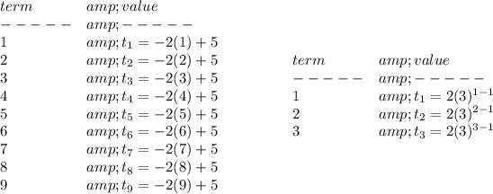 \bf \begin{array}{llll} term&amp;value\\ -----&amp;-----\\ 1&amp;t_1=-2(1)+5\\ 2&amp;t_2=-2(2)+5\\ 3&amp;t_3=-2(3)+5\\ 4&amp;t_4=-2(4)+5\\ 5&amp;t_5=-2(5)+5\\ 6&amp;t_6=-2(6)+5\\ 7&amp;t_7=-2(7)+5\\ 8&amp;t_8=-2(8)+5\\ 9&amp;t_9=-2(9)+5\\ \end{array}\qquad \qquad \begin{array}{llll} term&amp;value\\ -----&amp;-----\\1&amp;t_1=2(3)^(1-1)\\2&amp;t_2=2(3)^(2-1)\\3&amp;t_3=2(3)^(3-1)\\\end{array}