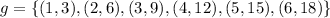 g = \{(1,3), (2,6), (3,9), (4,12), (5,15), (6,18)\}